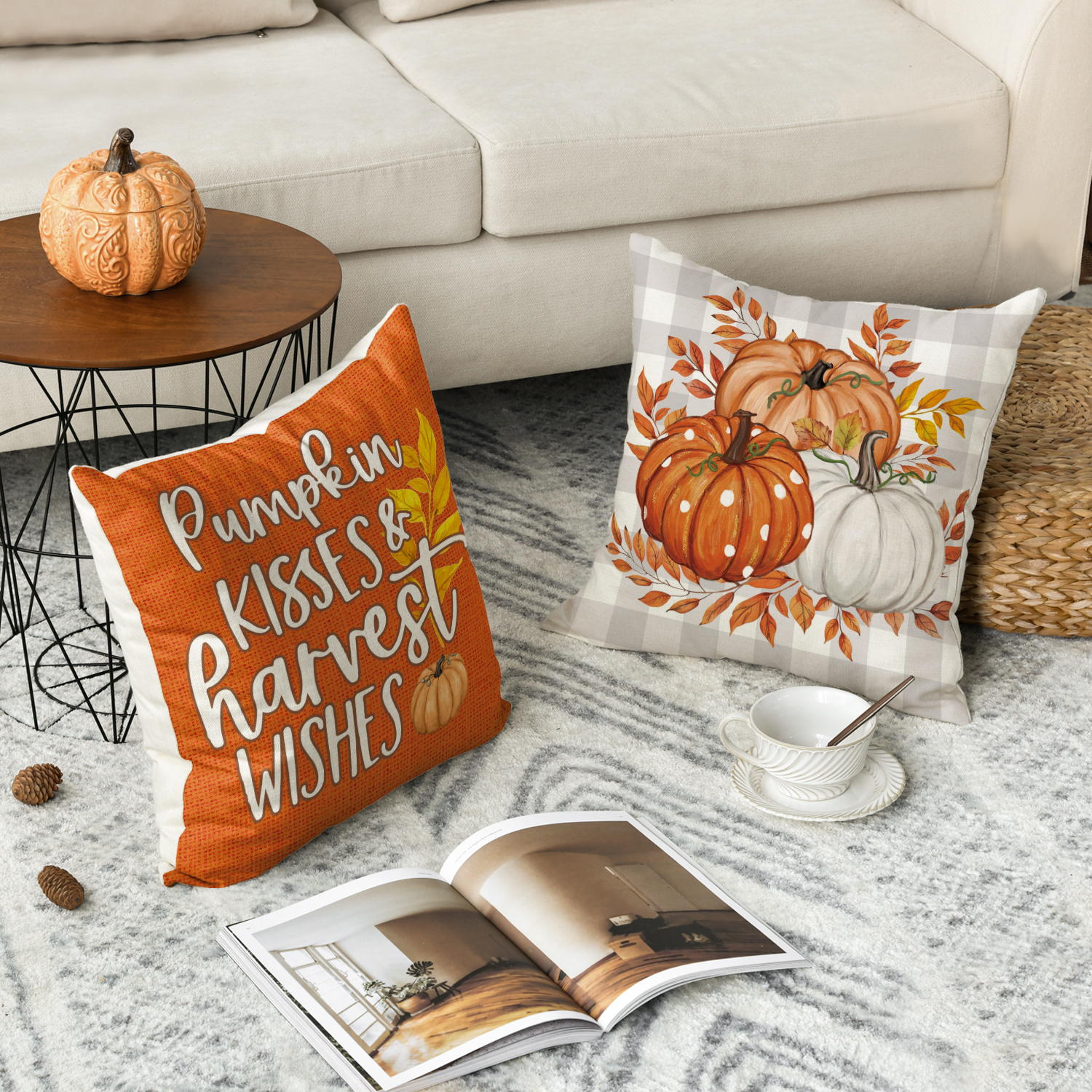 Sm:)e Pumpkin Leaves Fall Throw Pillow Covers, 18x18 Inch, Set of 4 photo 5