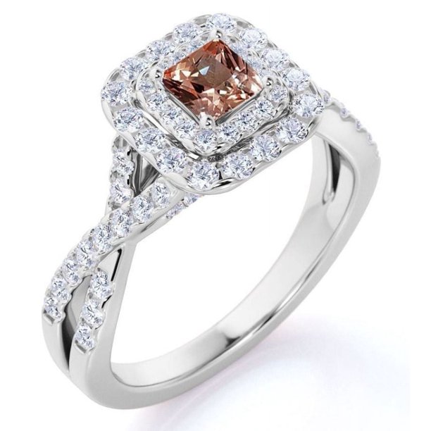 JeenMata Anillo de Compromiso Elegante de Oro Blanco de 18 K sobre Plata con Morganita Creada en Corte Cuadrado de 1 Quilate, Banda Retorcida, Pavé y Doble Halo