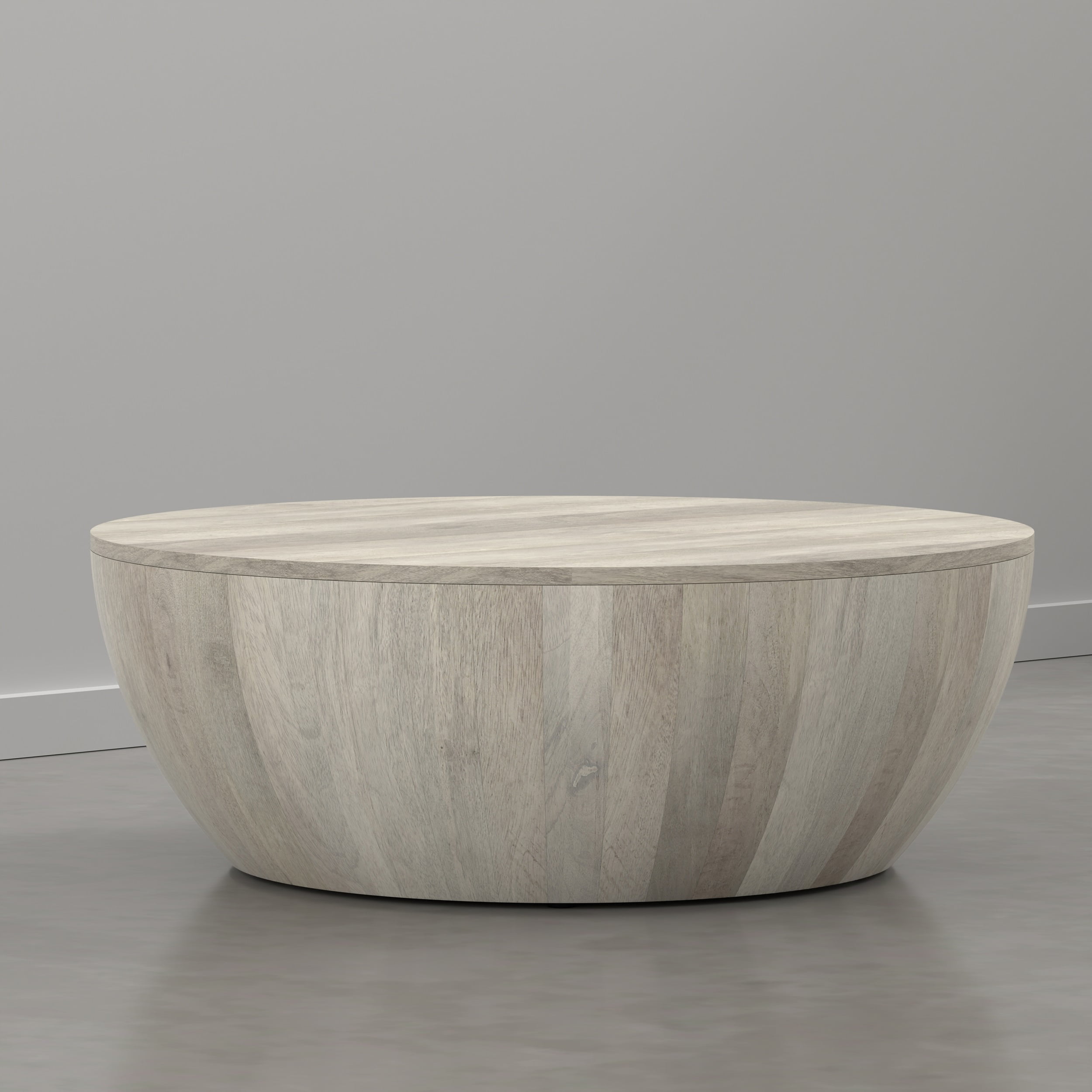 Simpli Home Elmbrook 34 inch Wide Solid Mango Wood Drum Coffee Table, Weathered White