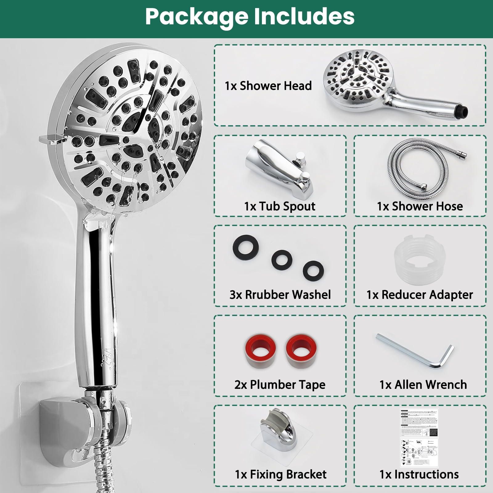 FETERVIC Bathtub Faucet with Sprayer,Slip-On Tub Spout High Pressure 10 Settings Handheld Shower Head with Diverter Set