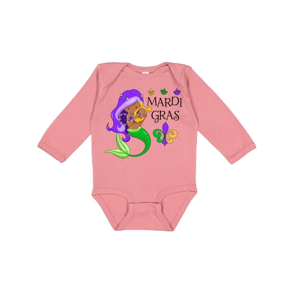 Inktastic Mardi Gras Mermaid with Harp and Beads Boys or Girls Long Sleeve Baby Bodysuit