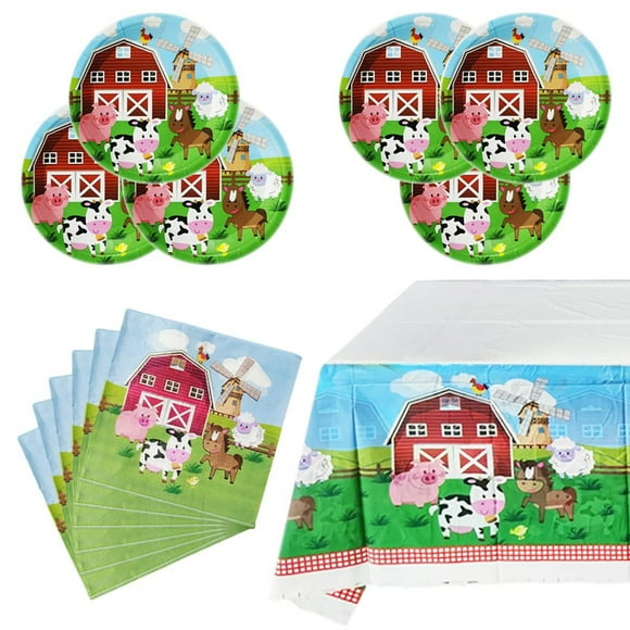 Pack de Fête Farmhouse Fiesta - 20 Assiettes, 20 Serviettes, Nappe 71 Pieds x 42 Pieds - Ensemble de Vaisselle pour Célébrations et Décorations à Thème Ferme