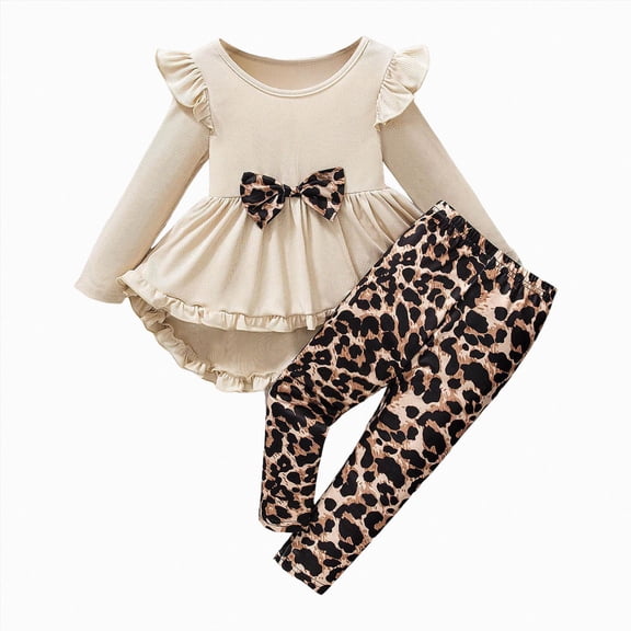 TOWED22 Baby Kids Girl Outfits Fall Winter Clothing 2 Piece CartoonPrint Long Sleeve Soft Crewneck Tee and Pants Clothes(Beige,5-6 Y)