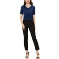 thumbnail image 2 of INSPIRE CHIC Women's Point Neck Button Decor Short Sleeve Satin Blouse S Dark Blue, 2 of 5