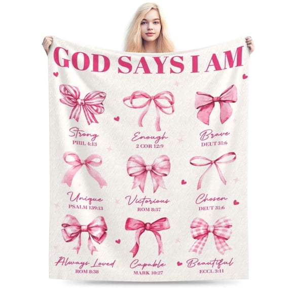 Christian Gifts for Women, God Says I Am Throw Blanket, Inspirational Religious Birthday Gifts for Coquette Pink Bow Bible Verse Blanket, Christian Faith Jesus God Prayer Gift for Christmas 50x40