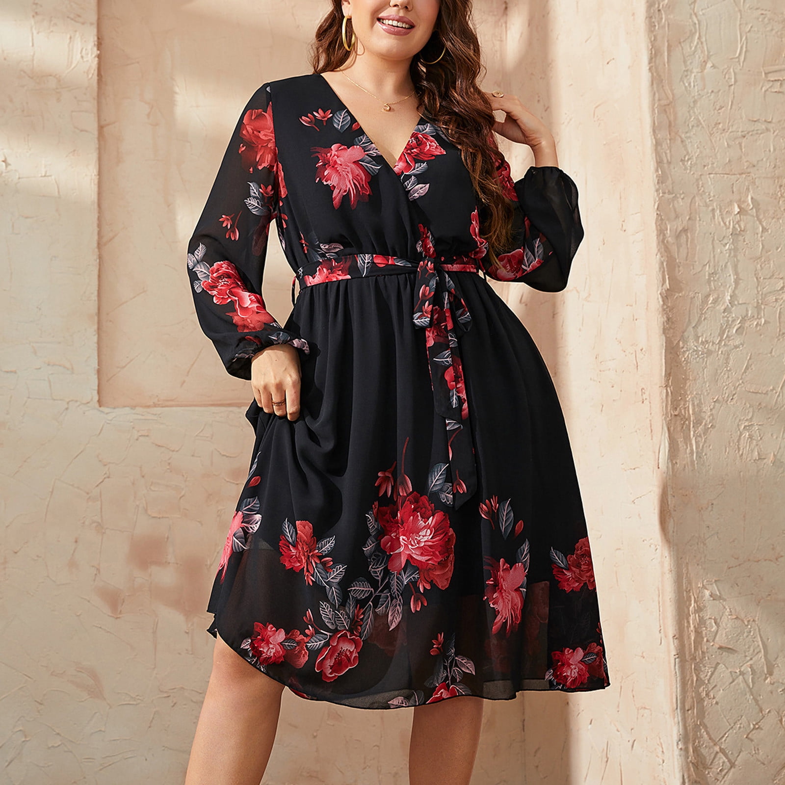 Womens Casual Dresses Plus Size Chiffon Lightweight Comfy Elegant Floral  Dress Print Tie Casual V-Neck Midi Dress - Walmart.ca