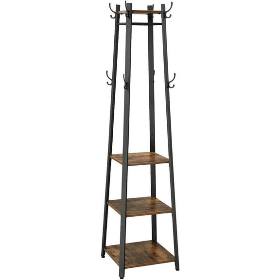 8 Hooks Coat Rack Stand with 3 Shelves Coat Tree for Entryway Bedroom Living Room Rustic Brown and Black