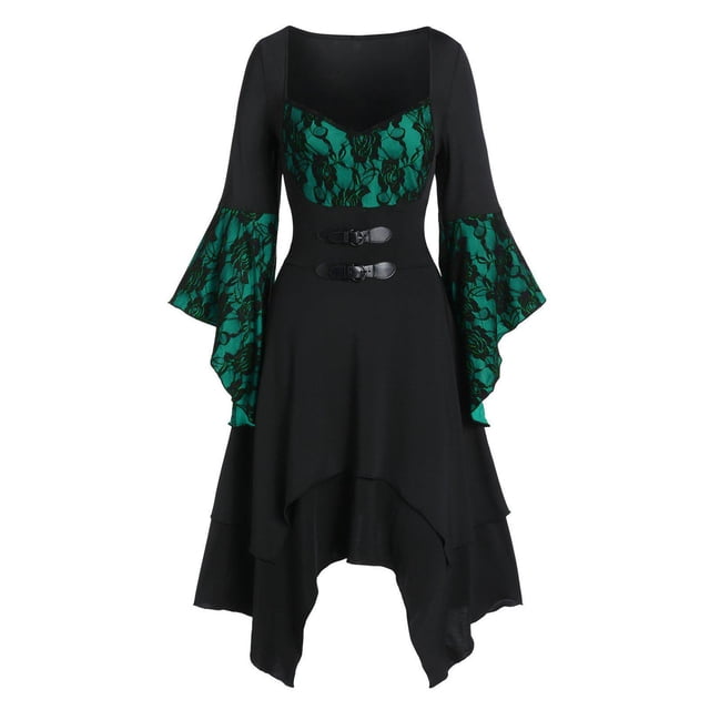 Vestidos Para Mujer Otoño Calavera Manga Larga Cuello Cuadrado Malla Empalme Irregular Fiesta Odeerbi ODB147519