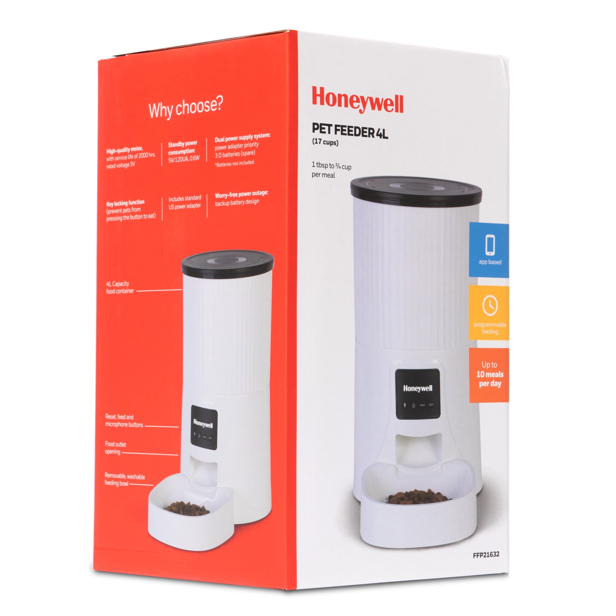 Honeywell Automatic Dog Cat Pet Feeder 4L Remote with Portion Control Program up to 10 Meals a Day or Manually from Your Phone