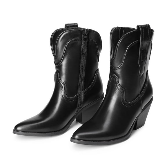 Women's Western Ankle Booties - Pointed Toe Cowgirl Boots with Low Heel Comfortable Pull-On Design for Casual Wear