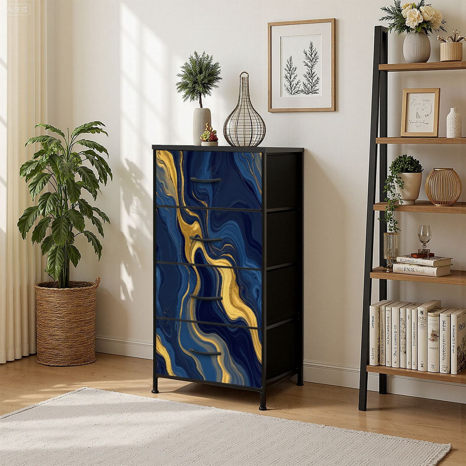 Kanworse 4 Drawer Fabric Dresser for Bedroom luxury Blue marble gold abstract texture Chests of Drawers for Closet Organizers Storage