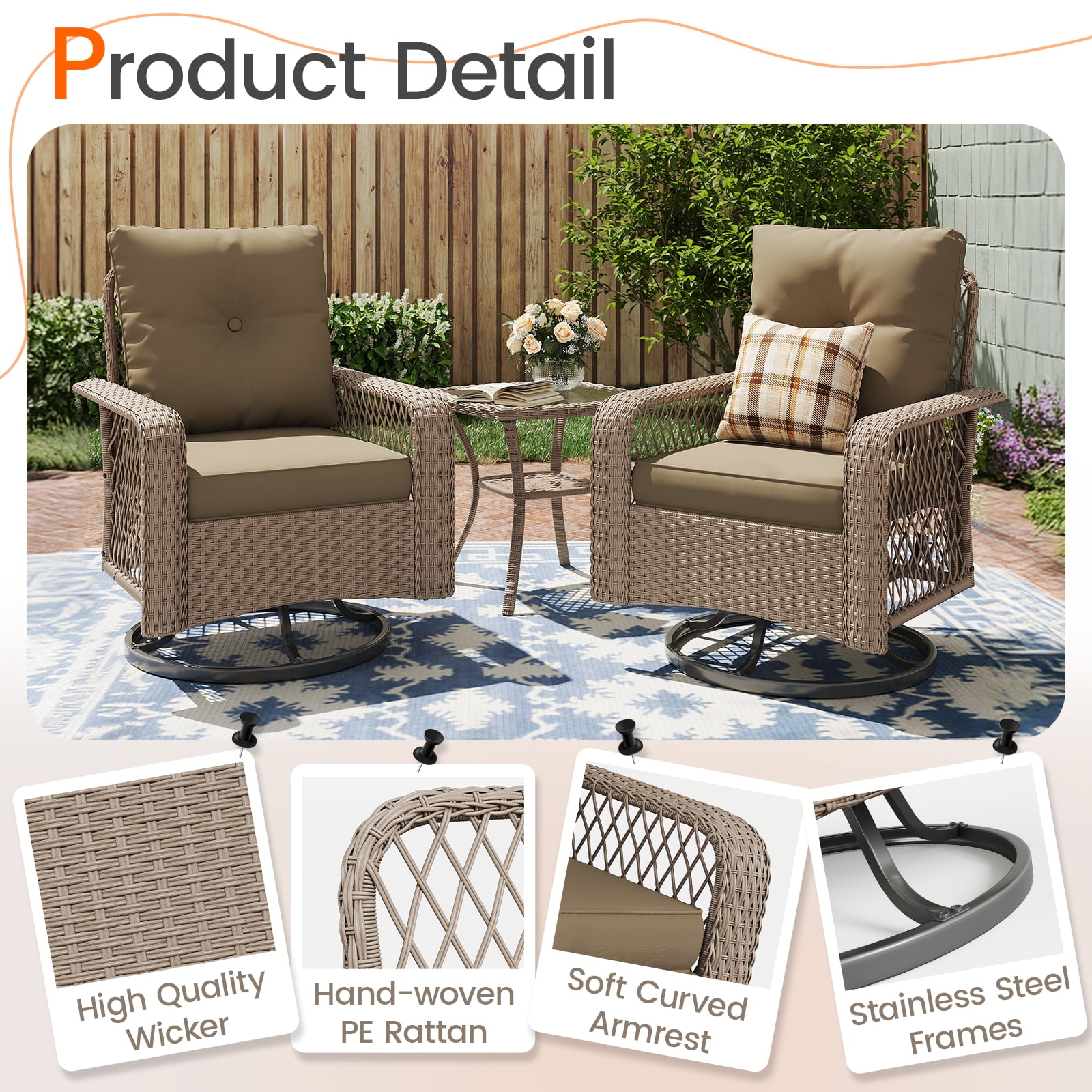 MRUAKA 3 Pieces Patio Furniture Set, Outdoor Swivel Gliders Rocker, Wicker Patio Bistro Set w Rattan Rocking Chair, Glass Top Side Table Thickened Cushions for Porch Deck Backyard (Khaki)