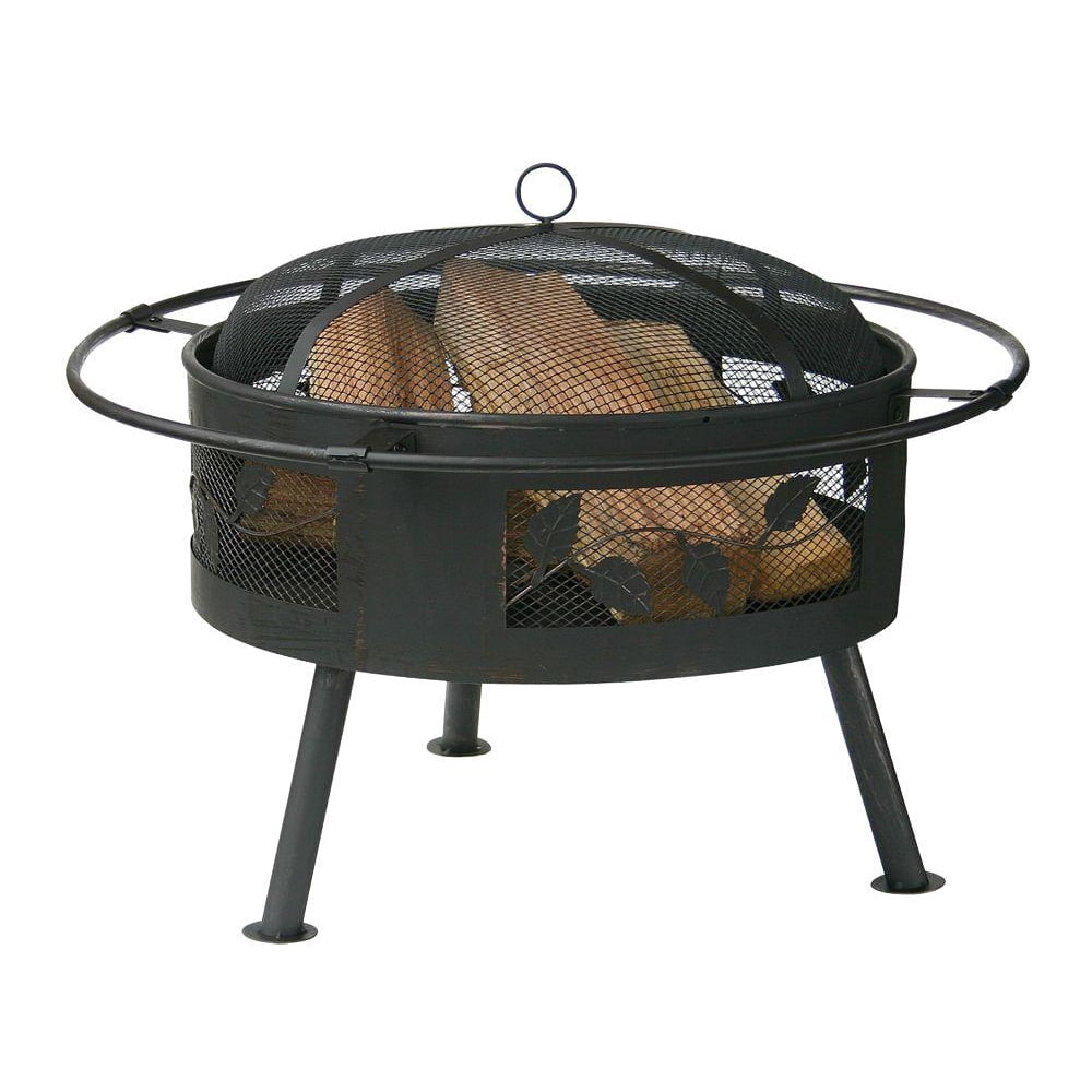 Aged Bronze Finish Steel, Deep Fire Pit with Leaf Design