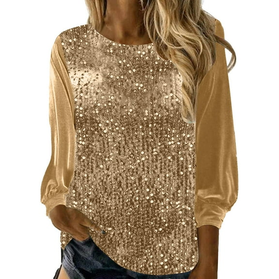 Women's New Casual Crew Neck Long Sleeve Sleeve Sleeve Loose Sequin Blouse Shirt
