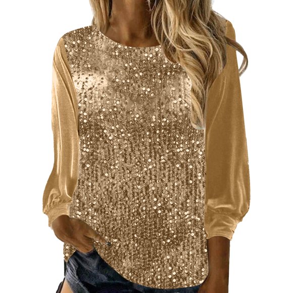 GDREDA Women's Casual Loose Fit Sequin Crew Neck Long Sleeve Blouse Top Gold,S