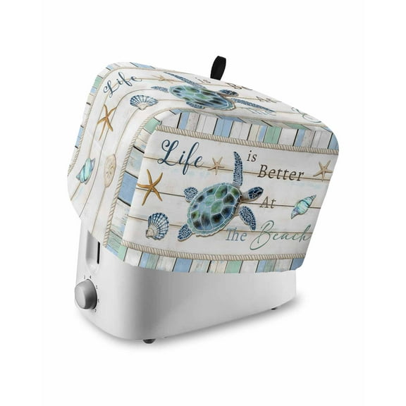 Fsddascl Ocean Turtle Toaster Cover 4 Slice, Large Kitchen Appliance Covers, Blue Starfish Shell Conch Wood Grain Toaster Oven Cover with Loop, Bread Machine Cover Polyester Dust Cover Protection