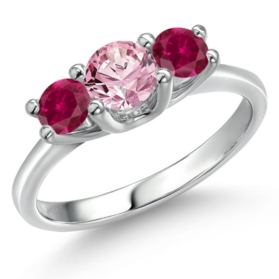 Gem Stone King 14K White Gold Pink Lab Grown Diamond & Red Created Ruby 3-Stone Engagement Ring | 1.00 Cttw | Round 5MM and 4MM | Three Stone Wedding Anniversary Promise Ring for Women (Size 8)