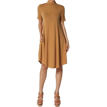 Mock Wrap Jersey Dress - TheMogan Women's Short Sleeve Mock Neck Jersey Fit & Flare Midi Dress W Pocket