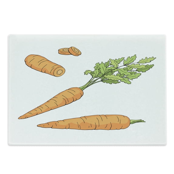 Green and Orange Cutting Board, Fresh Carrot Pattern with Leaves Sketch Illustration of Vegetables, Decorative Tempered Glass Cutting and Serving Board, Large Size, Orange Apple Green, by Ambesonne