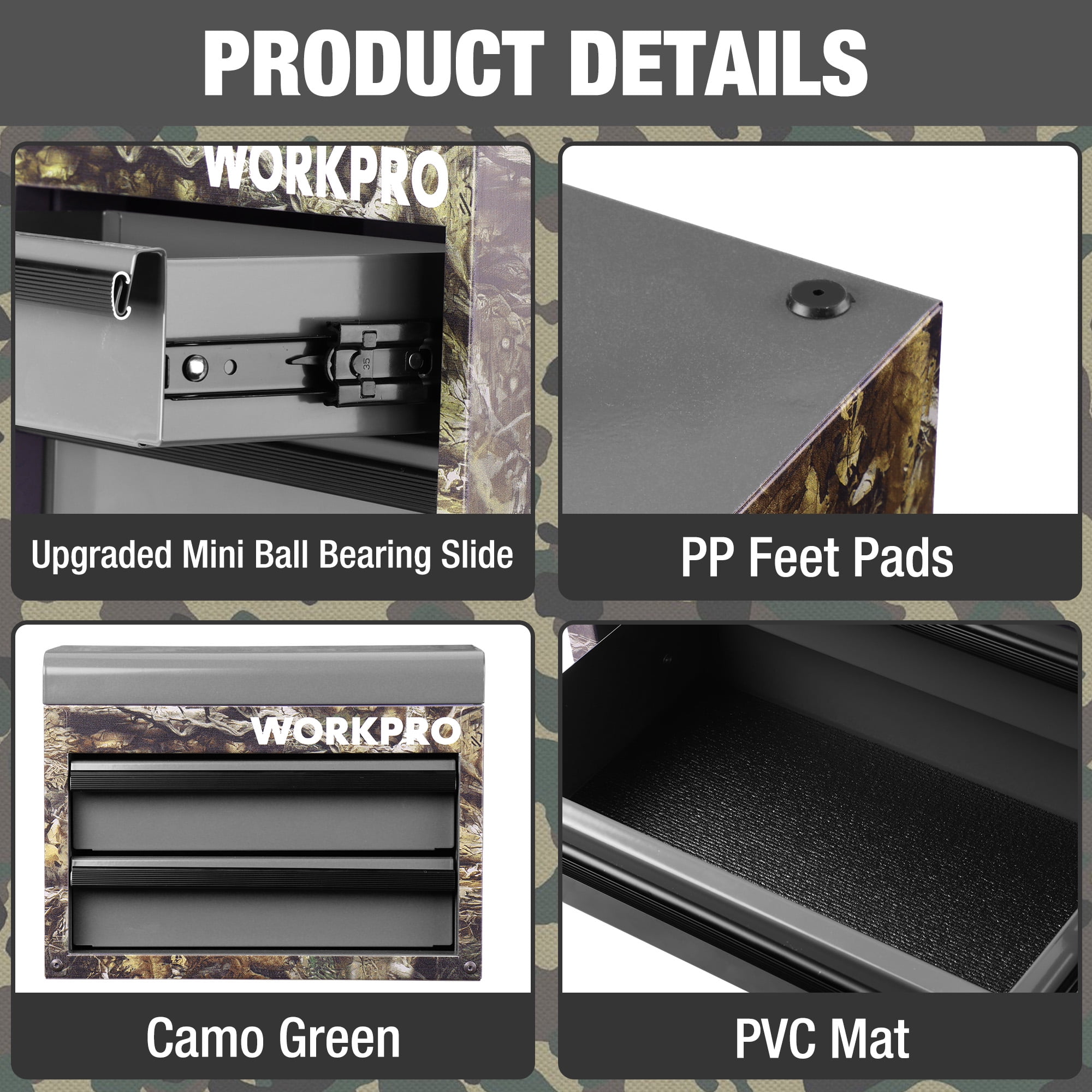 WORKPRO Mini Tool Box with 2 Drawers and Top Storage, Upgraded Version with Ball Bearing Slides, Small Metal Tool Chest with PVC Liners and PP Feet Pads, Camouflage.