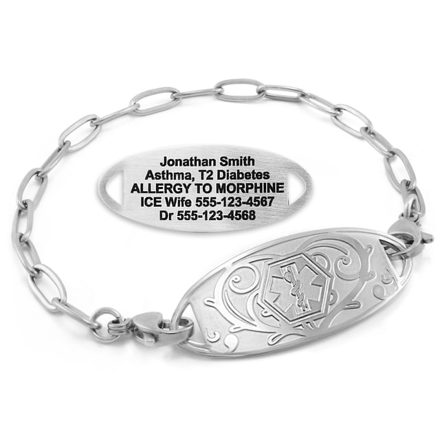 MedicEngraved Bracelet d'Alerte Médicale Personnalisé en Acier Inoxydable - Maillon Trombone 4 mm