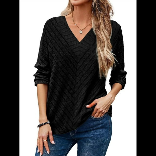 Camisa de Larga de Otoño para Mujer, Cuello en V, Jersey de Punto, Túnica, Camisa Formal Informal para Mujer Negro M