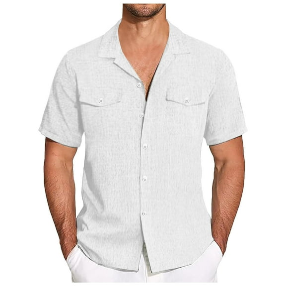 kamemir Men's Short-Sleeve Chambray Shirt(White,XL)
