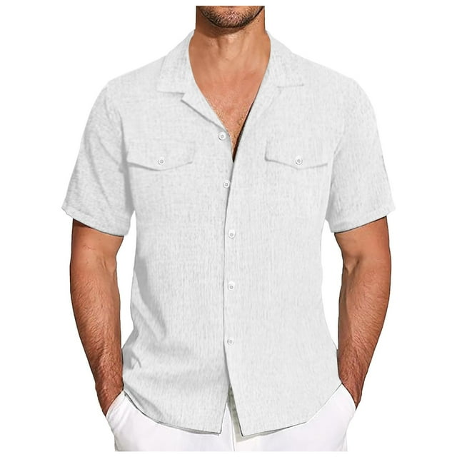WEAIXIMIUNG Chemise de Compression Homme Lin Manches Courtes Chemise Boutonnée Décontractée Été Cubaine Plage Vacances