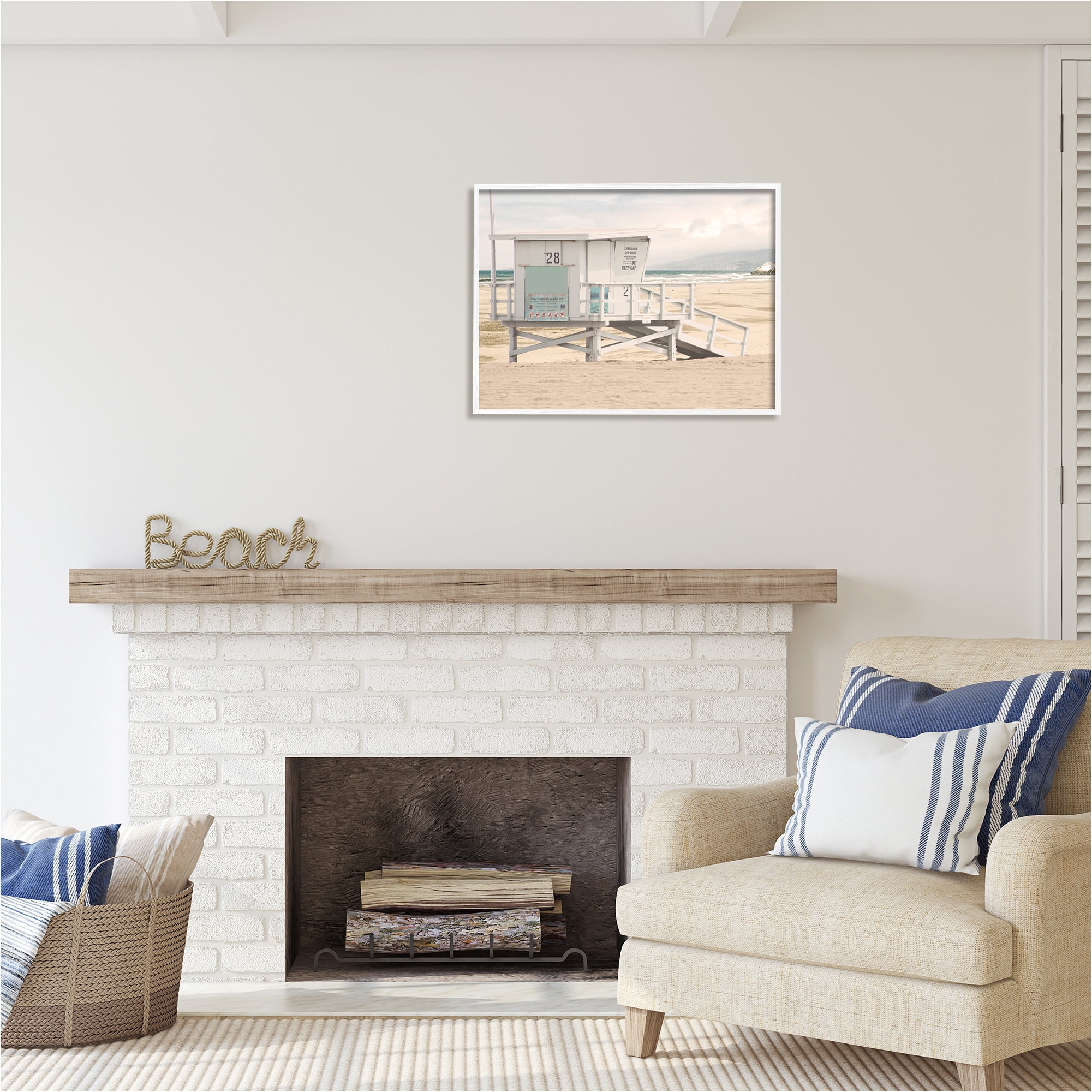 Stupell Industries Lifeguard Hut on Beach Landscape Photography White Framed Art Print Wall Art, 30 x 24