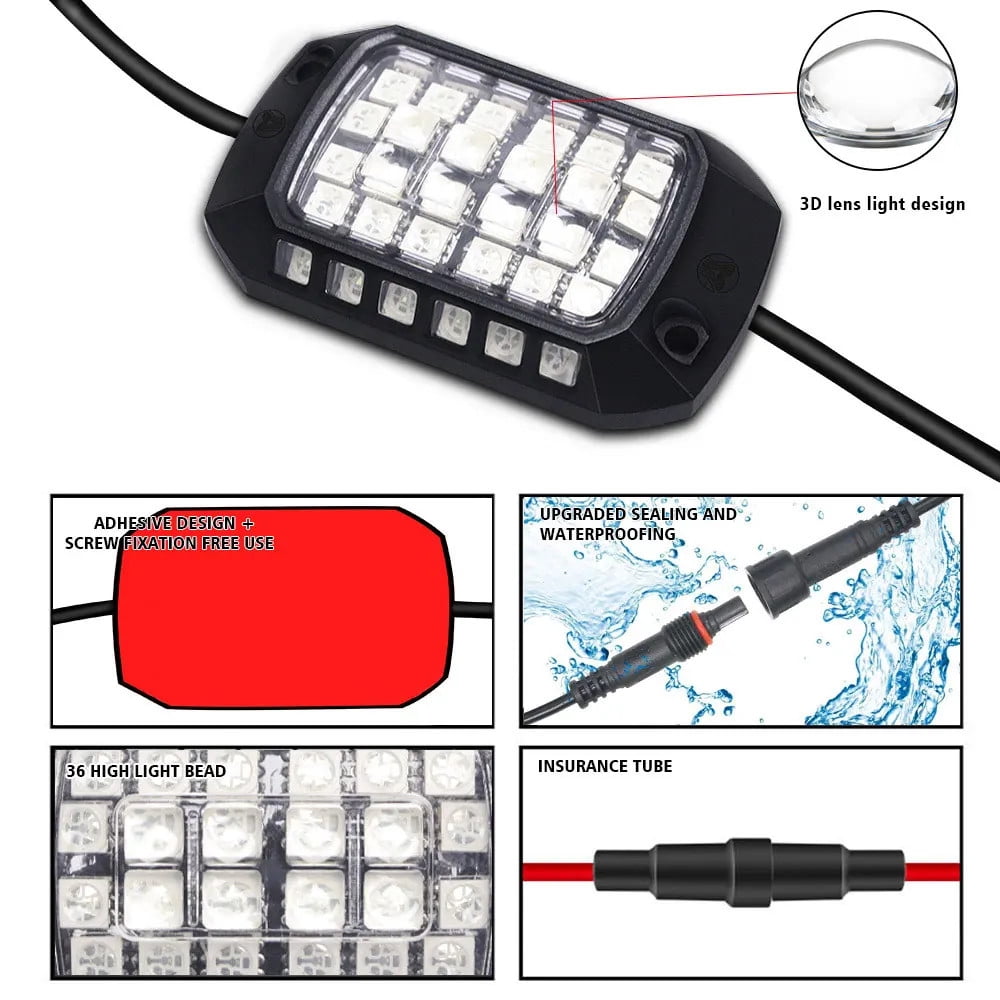 4 PCS RGB Neon LED Rock Light 3D Lens Car Light Universal For Jeep Truck SUV