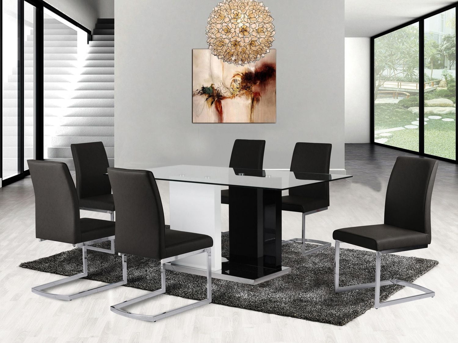 Topline Home Furnishings Black & White 7pc Glass Top Dining Set