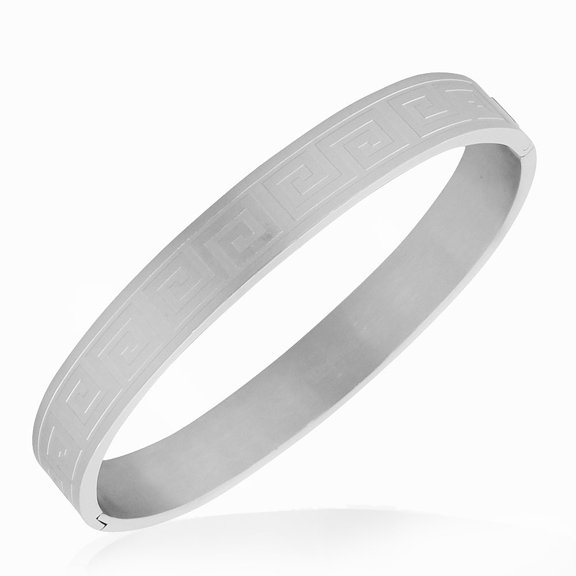 EDFORCE Stainless Steel Silver-Tone Greek Key Oval-Shaped Bangle Bracelet