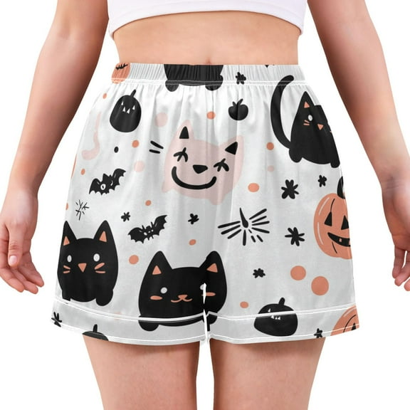 Women's Satin Pajama Shorts Cartoon Cat and Pumpkin with Pockets, Elastic Waist Sleep Lounge Shorts
