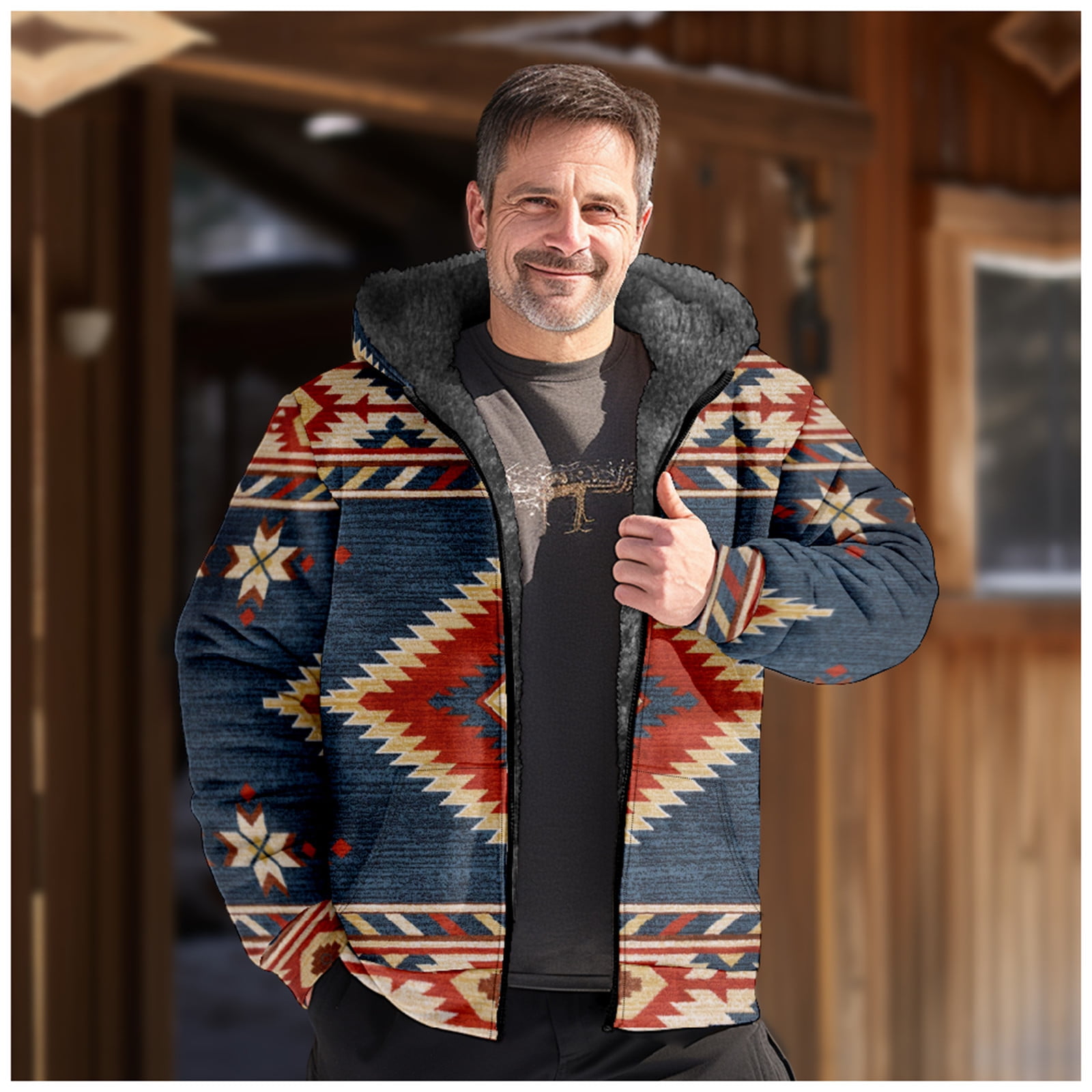 EQWLJWE Aztec Jacket Men Faux Fur Coat with Hood Plus Size Fleece Jacket Western Aztec Ethnic Print Graphic Patchwork Hoodies Winter Warm Long Coats