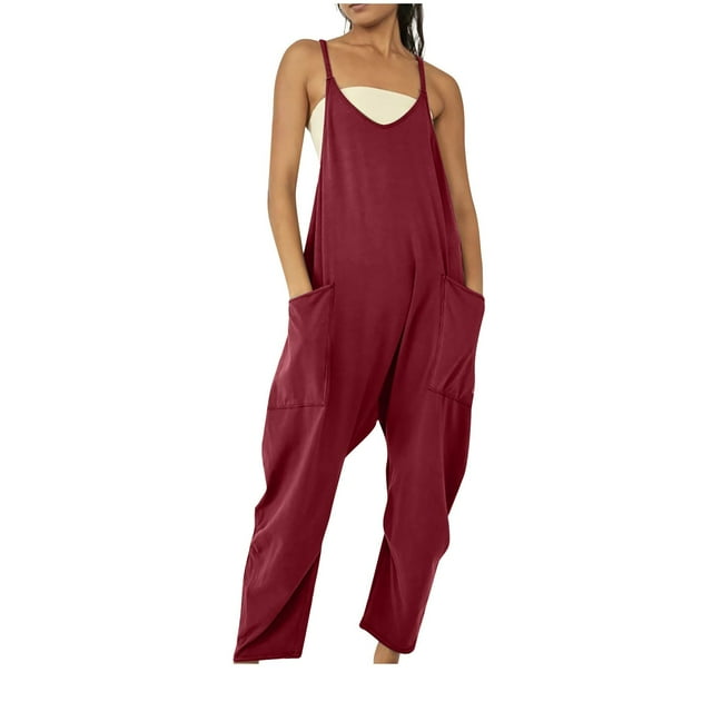 ICHUANYI ClearanceFashion Women Casual Cold Shoulder Jumpsuit Solid Suspender Jumpsuits Wide Pocket Leg Pant ICHUANYI WER202308040773