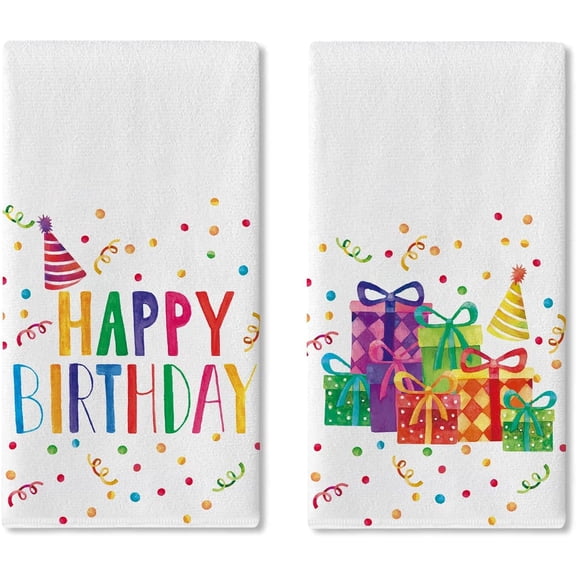 Happy Birthday Kitchen Dish Towels Set of 2, Colorful Gifts Hat Celebration Party Drying Hand Towel Baking Cooking Cloth, Polka Dots Confetti Bathroom Home Party Decoration 18'' x 26''