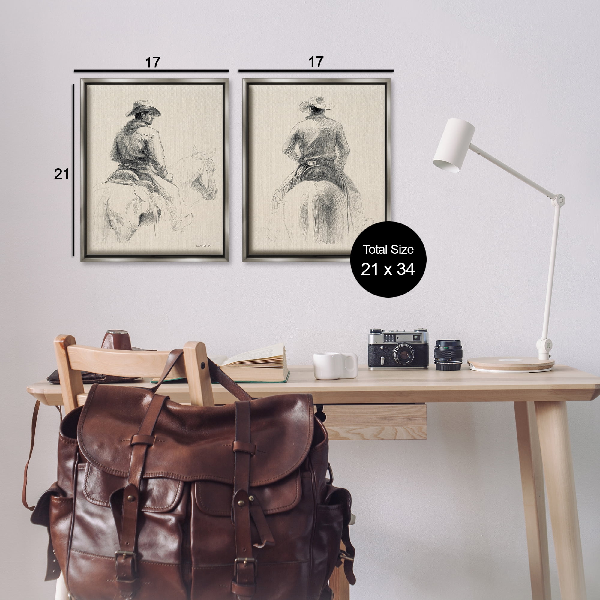 Stupell Industries Sketched Cowboy on Range People Drawing Gray Floater Framed Canvas Art Print Wall Art, 17 x 21, Set of 2