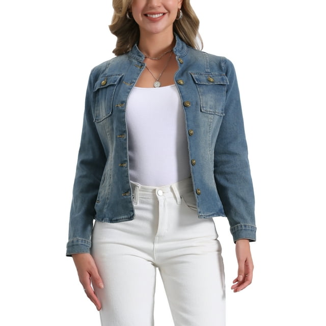 Chaquetas de mezclilla para mujer INSPIRE CHIC con cuello alto, mangas largas, chaquetas de jean cortas, azul vintage, talla XS
