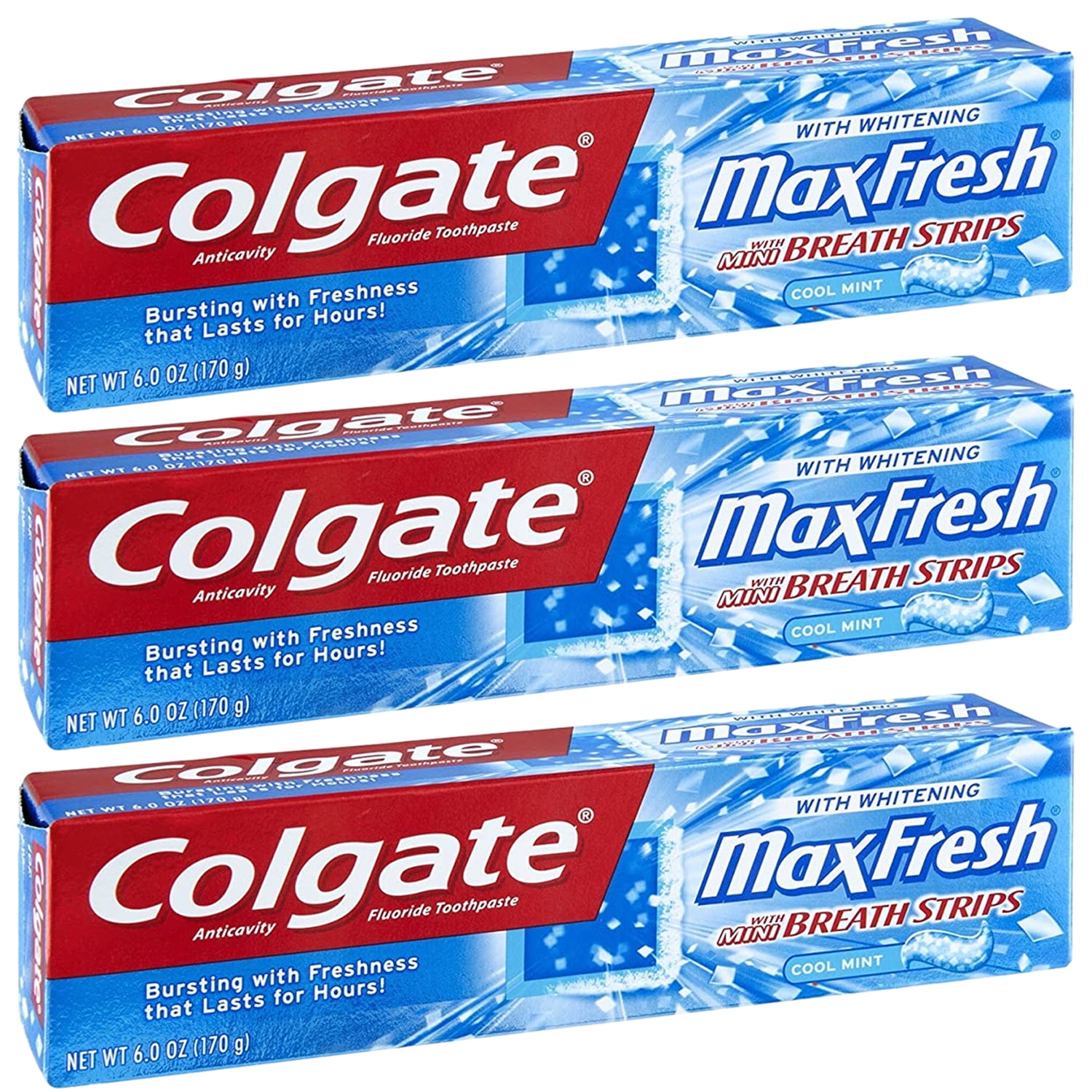 Pack of (3) Colgate Max Fresh Whitening with Mini Breath Strips Cool Mint Toothpaste 6 OZ (Exp
