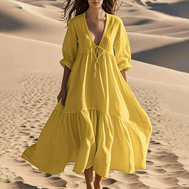 Pisexur Robes d'Été pour Femmes en Doux Lin-Coton Robes d'Été pour Femmes Décontractées à Col en V Manches 3/4 Robe Maxi Ample Confortable Fluide Robes pour Femmes Couleur Unie à Volants Boho Longues Robes P-2TG Jaune