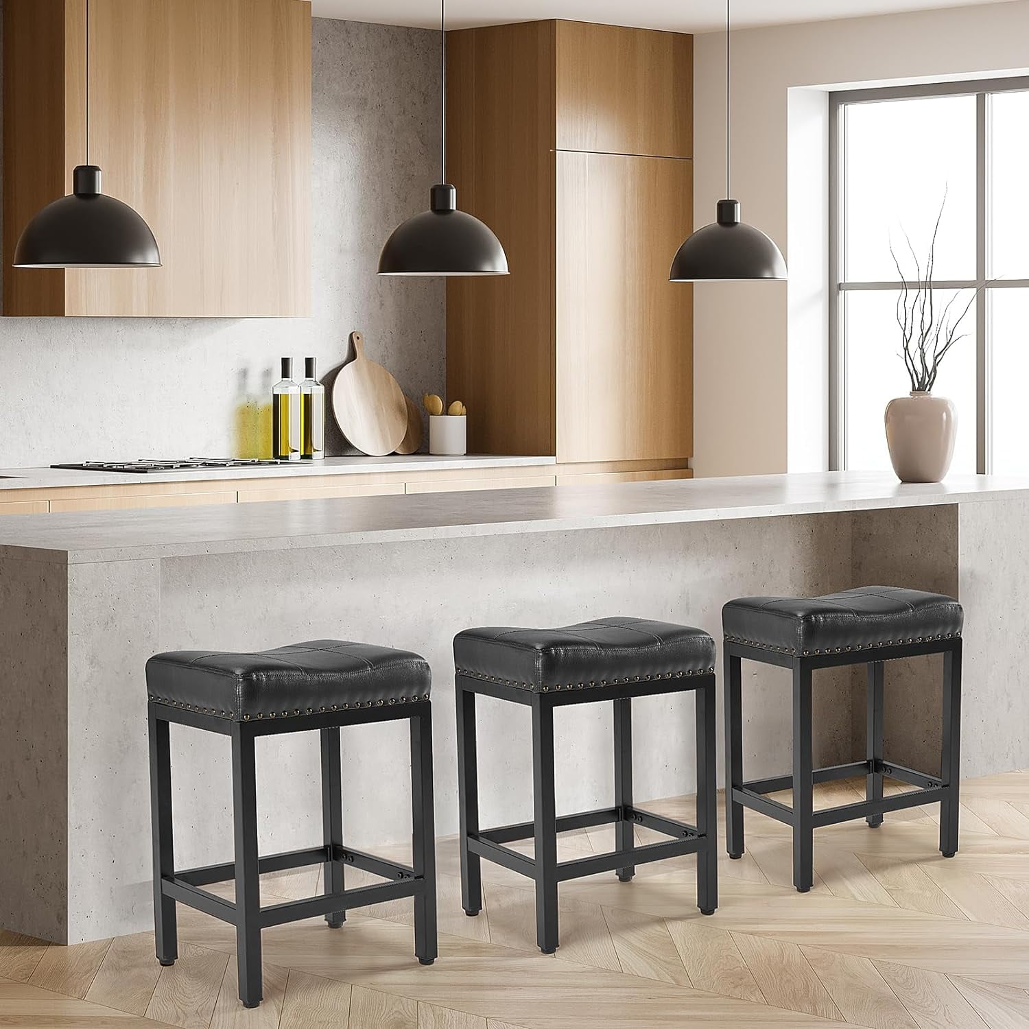24" Backless Bar Stools, Set of 4 Counter Height Bar Stools, Leather Saddle Counter Stool, Black