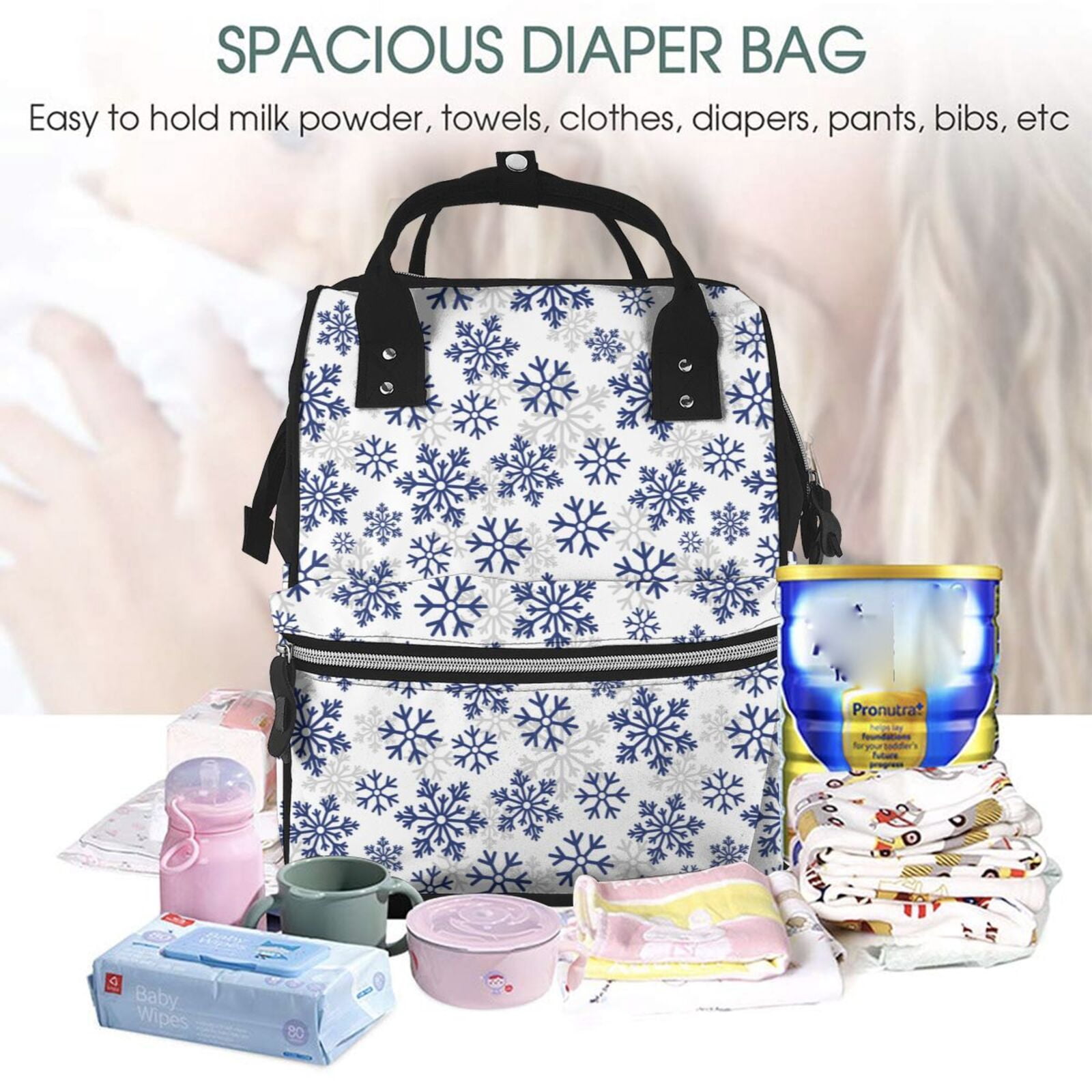 Ratiio Dark Blue Snowflakes Mummy Backpack - Waterproof Twill Canvas, Large Capacity Diaper Bag with Multiple Pockets and Adjustable Straps