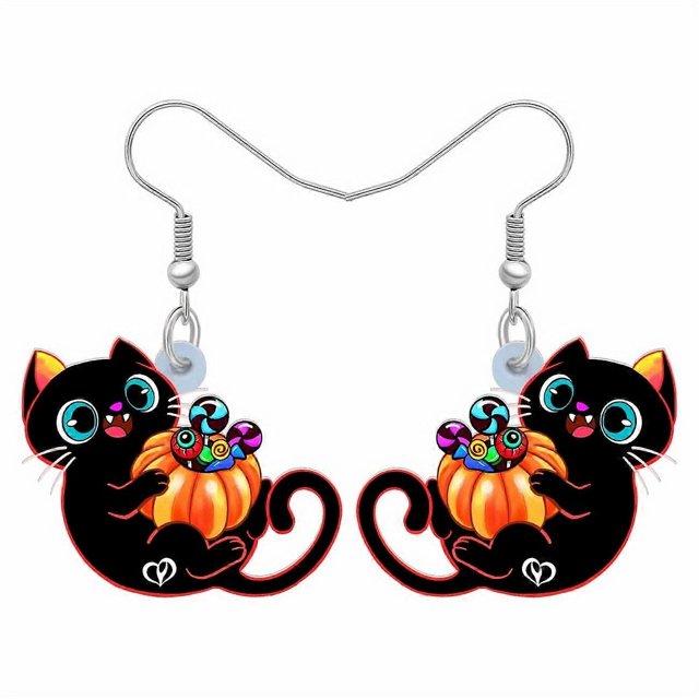 Halloween Cute Black Cat With Pumpkin Dangle Earrings Sexy Leisure Style Alloy 18K Gold Plated Jewelry Delicate Female Gift