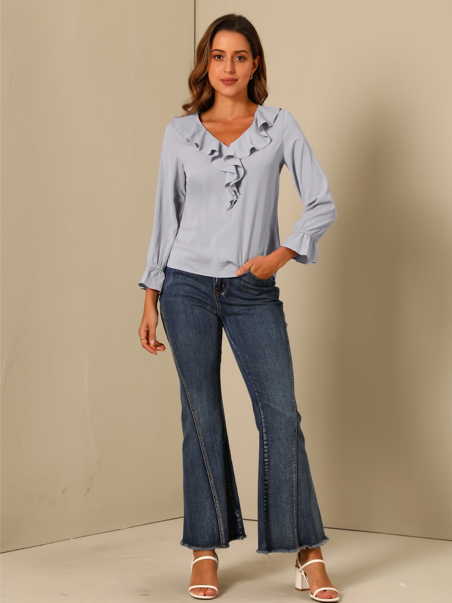 DARING DIVA Women's Ruffle V Neck Chiffon Peasant Blouse S Light Grey