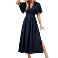 thumbnail image 3 of ZZwxWA Maxi Dresses for Women Trendy Elegant Short Sleeve V Neck Pleated Swing Flowy Dress Ruffle Tiered Smocked Long Dress Evening Dance Cocktail Party, 3 of 3