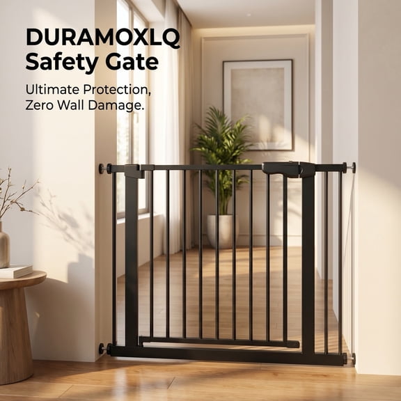 DURAMOXLQ 29.5-44.1" Adjustable Baby & Pet Gate for Stairs, Pressure Mounted Walk-Through Dog Gate, Black
