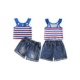 thumbnail image 2 of BemeyourBBs Toddler Baby Girl 4th of July Outfit Baby Girl Denim Summer Outfit Patriot Independence Day Clothes Sleeveless Star Striped Print Ribbed Tank Tops and Ripped Jeans Denim Shorts Set, 2 of 9