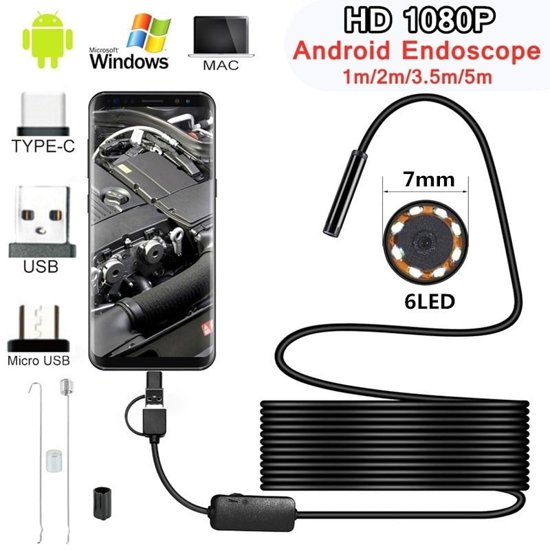 USB Endoscope Waterproof 7mm 6 LED 1M Length Camera Inspection For Android PC 