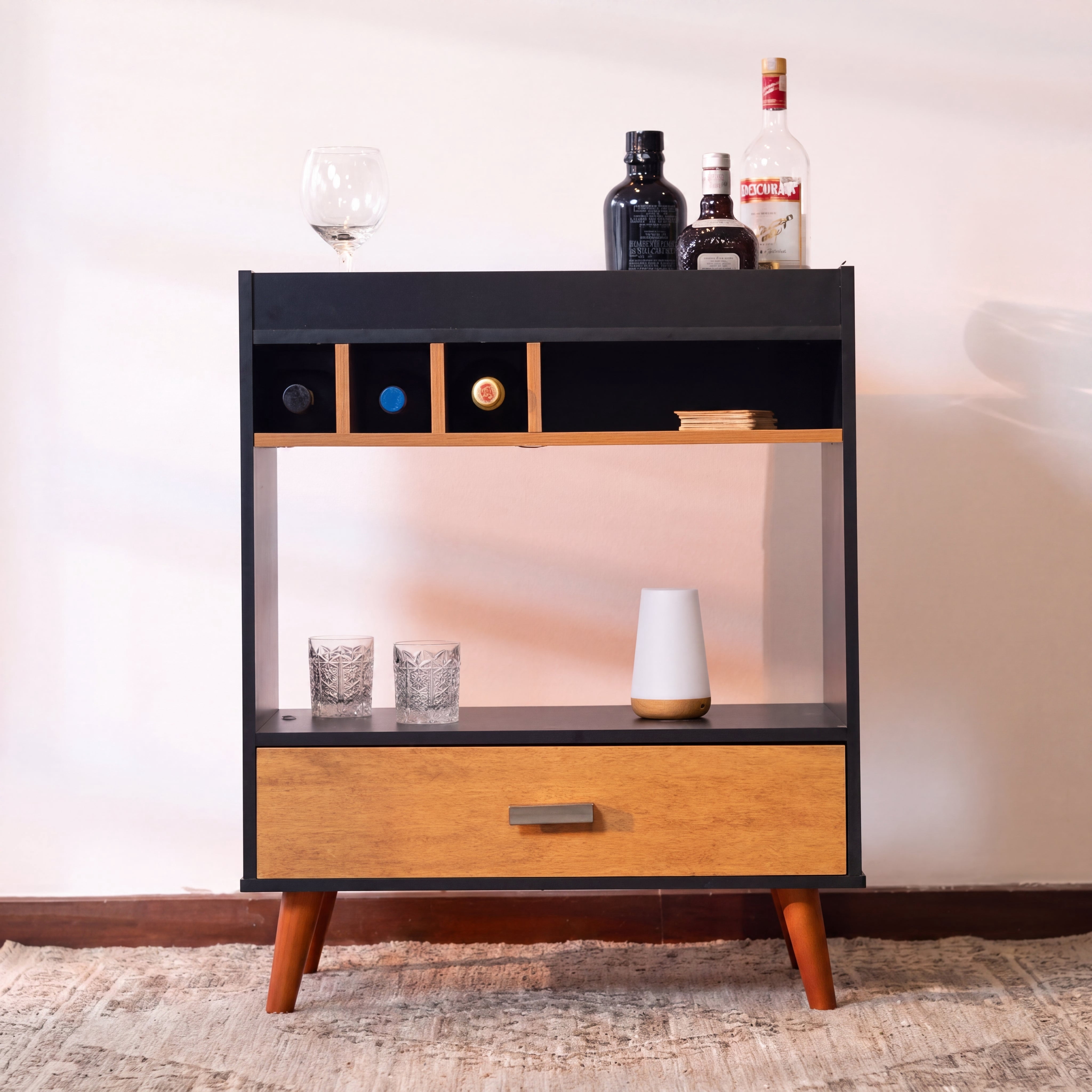 Ember Interiors Modern Bar Cabinet with Wine Rack, Drawer, Open Shelf Storage, Wooden Legs, Warm-Toned Finish,  Black Brown