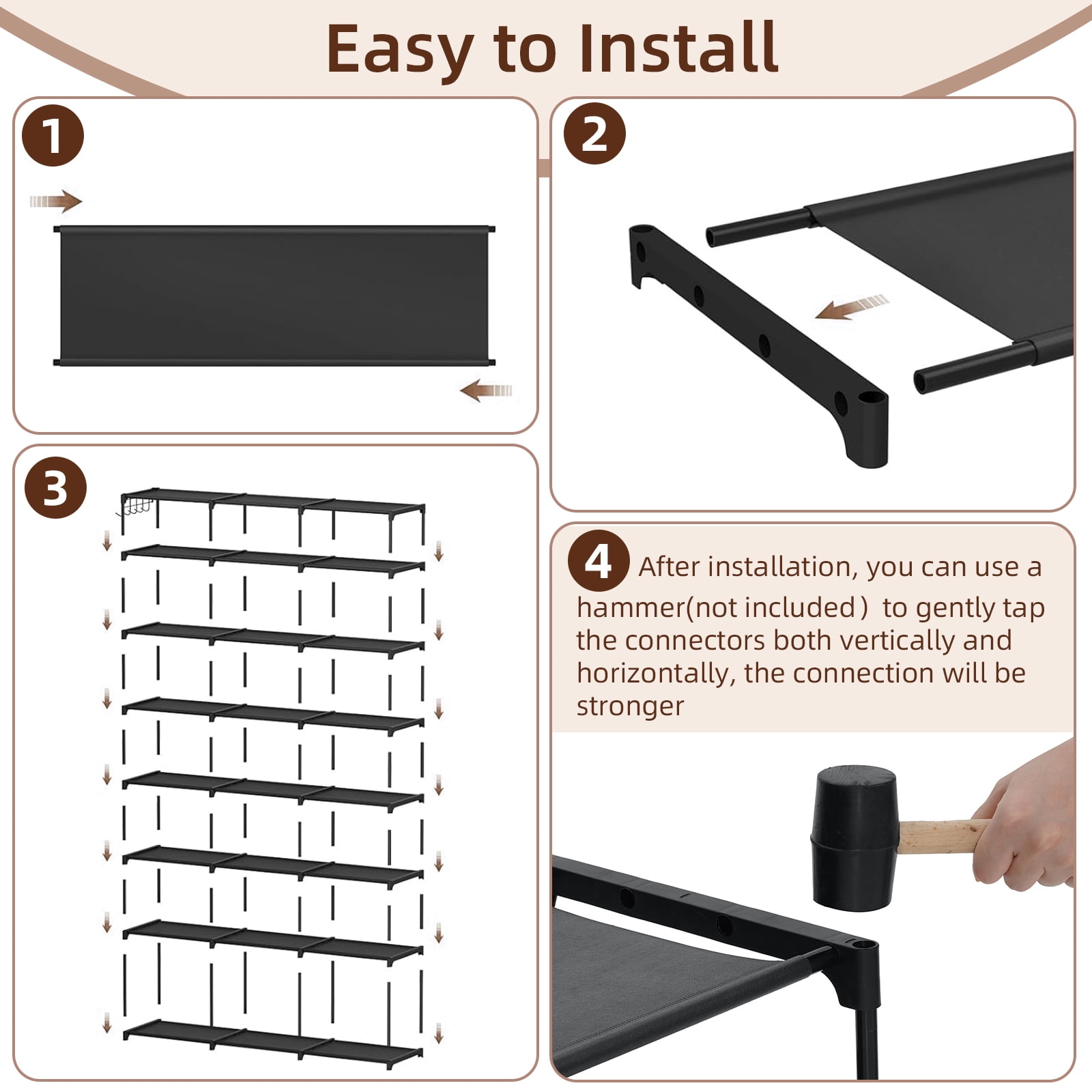 8-Tier Shoe Organizer HONEIER 48 Pairs Large Shoe Rack with 2 Hook Rack, Stackable Shoe Storage Cabinet for Shoe & Boots, Shoe Shelf for Closet, Entryway, Bedroom, Garage, Black